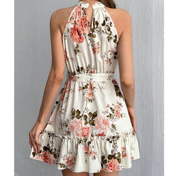 Boho Women's Floral Printed A-Line Halter Neck Mini Dress Vacay Beachy - Picture 3 of 5